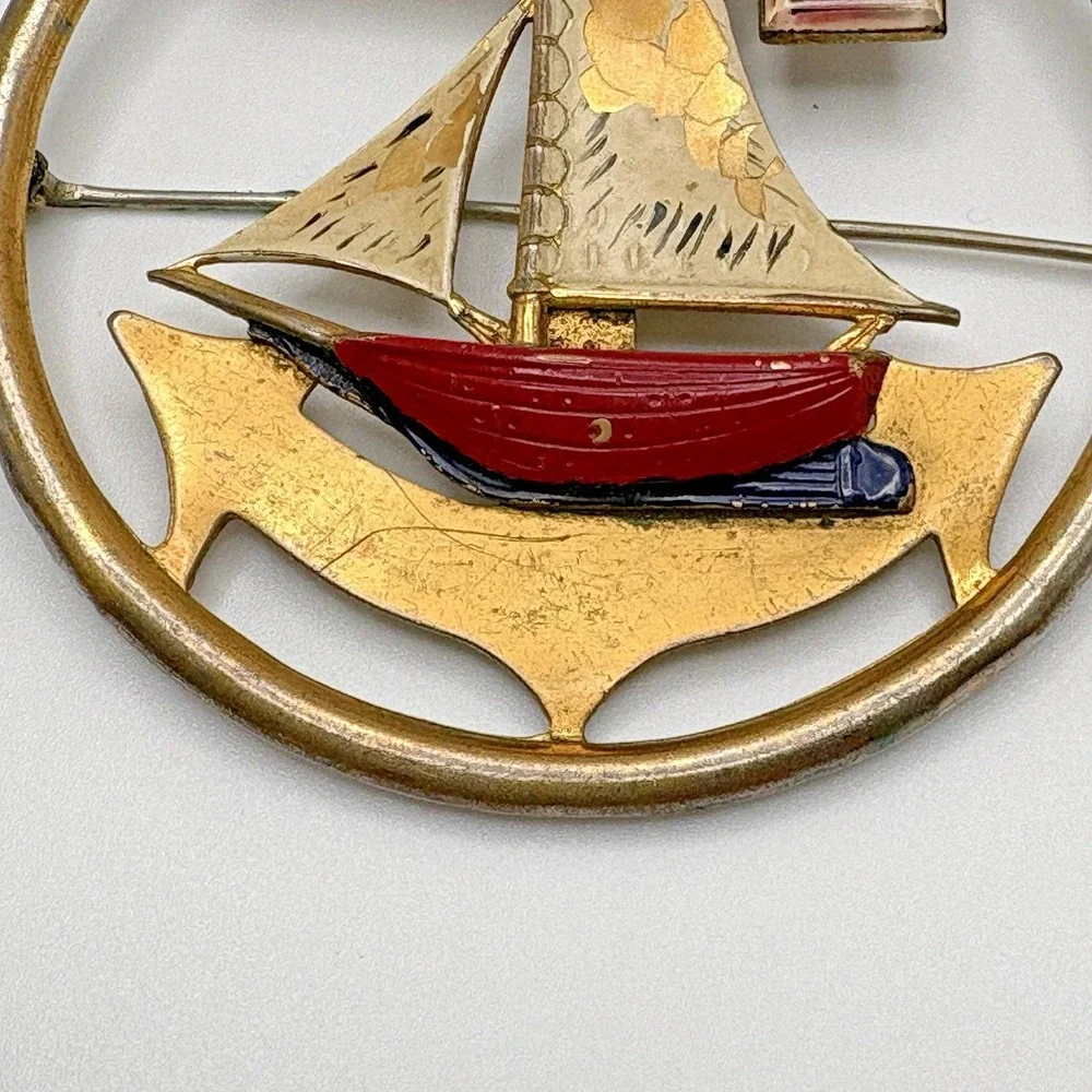 Vintage Sailboat Brooch Anchor Nautical Sail Enamel Ocean Seas Gold Tone READ